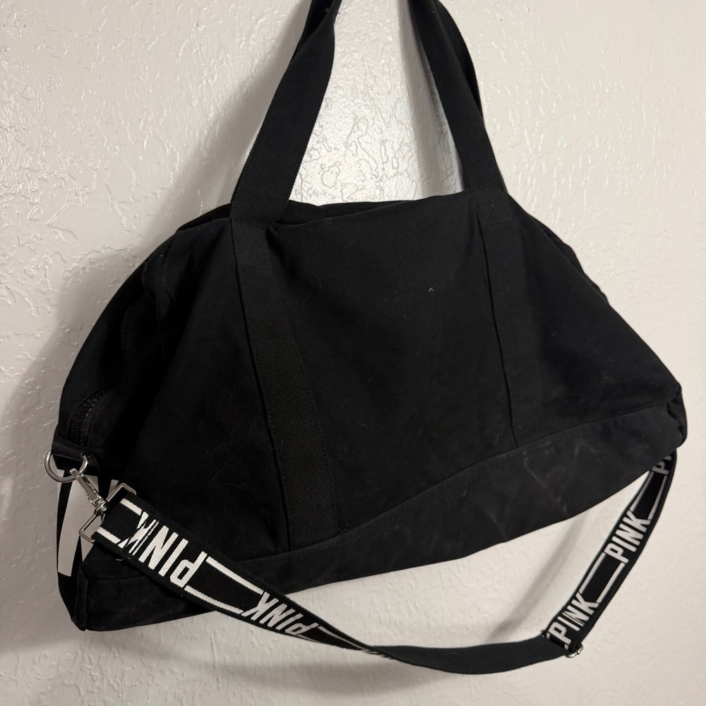 Victoria's Secret PINK Black Canvas Duffel Bag Logo Strap Weekend Gym Travel - Picture 6 of 9